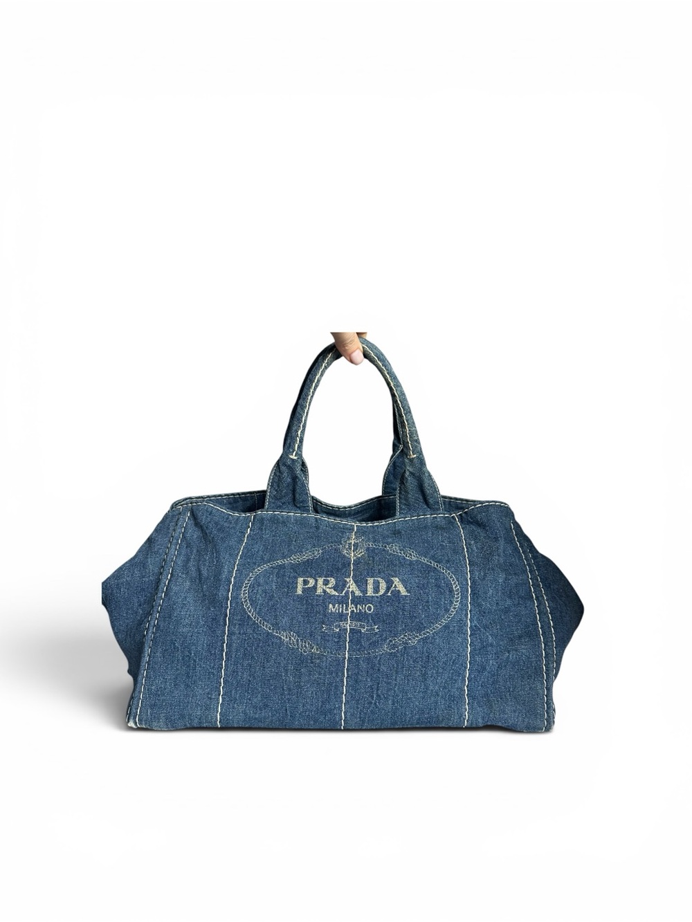 Authentic Prada Canapa Large GM Denim Travel Tote Weekender Bag Blue Italy - Picture 3 of 16